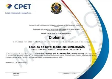 Modelo de diploma do Curso Técnico de Mineração